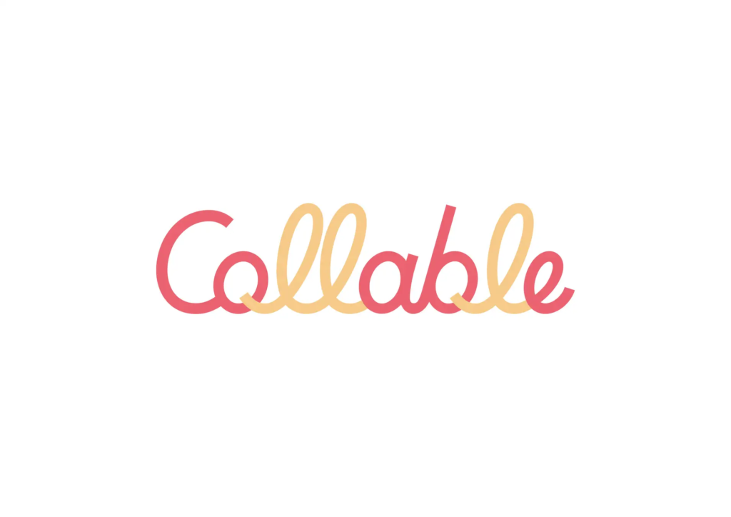新しくったCollableのロゴ。フォントはゴシック体をベースに、３つのｌを筆記体のように描く。３つのｌは薄いオレンジ色、のこりの文字はピンク色の２色で作成。